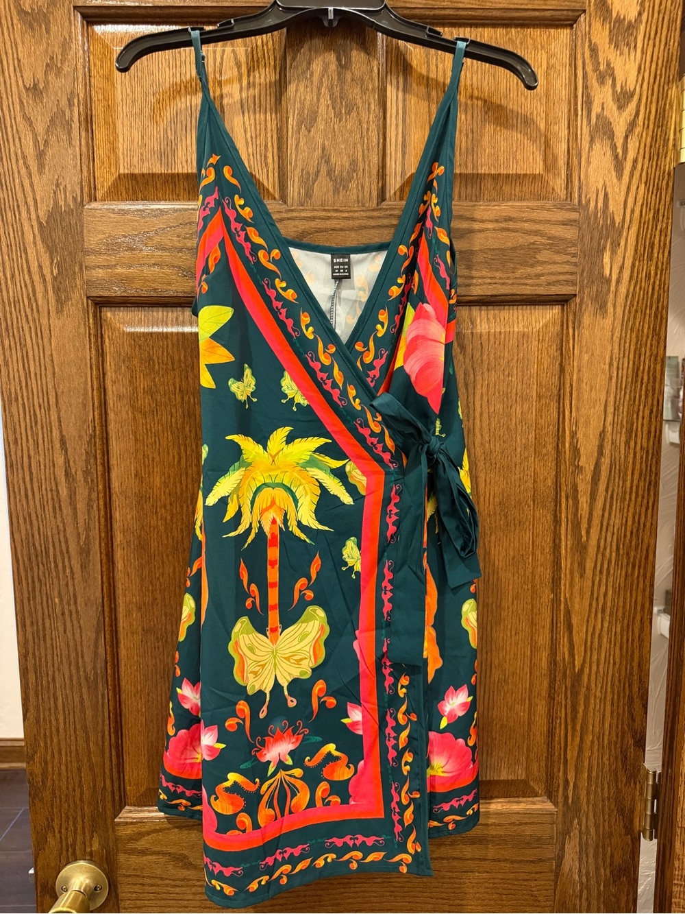 SHEIN Green Tropical Floral Wrap Mini Dress with Pink and Yellow Accents